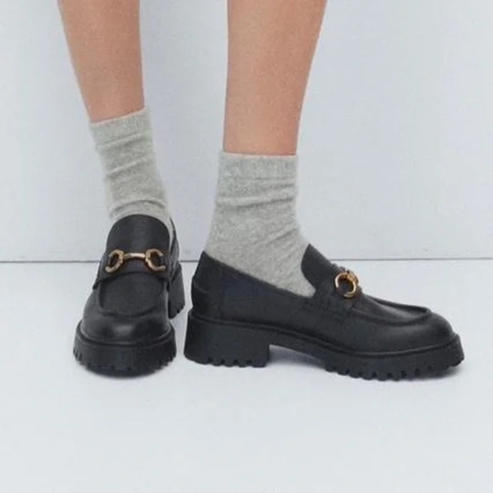 Mango Leather Chunky Lug Sole Loafers in Black - 8